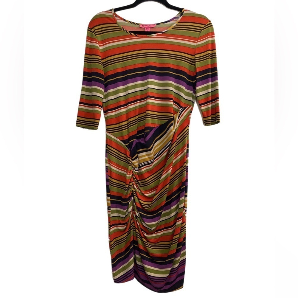Betsey Johnson colorful striped stretchy knit midi dress w/ 3/4 sleeves